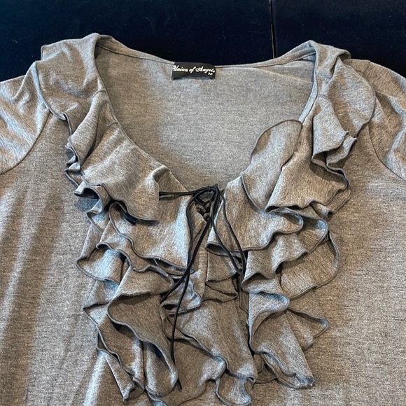 Union of Angels gray ruffle dress with tie, ruffle long sleeves, size M - Picture 3 of 6